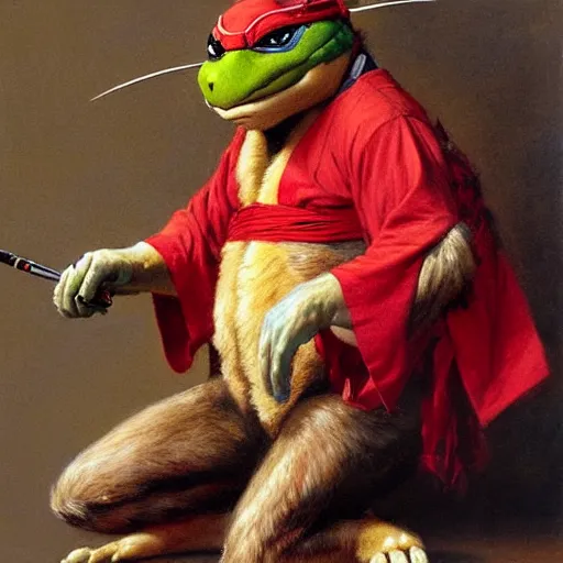 Image similar to a portrait of a furry splinter ninja turtles wearing a red kimono, hairy, furry body, furry arms, feet, tail. highly detailed painting by gaston bussiere, craig mullins, j. c. leyendecker, furry