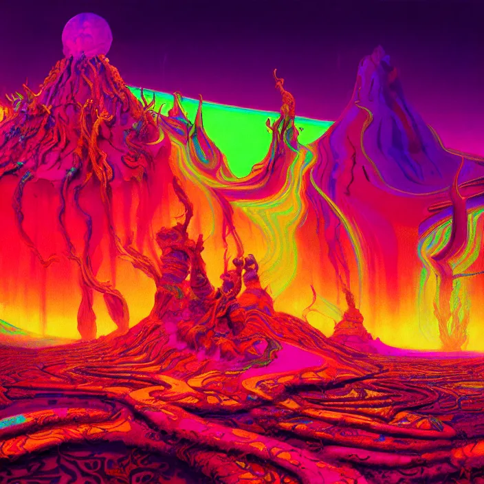 Prompt: bright psychedelic holocaust LANDSCAPE, diffuse lighting, fantasy, intricate, elegant, highly detailed, lifelike, photorealistic, digital painting, artstation, illustration, concept art, smooth, sharp focus, art by francis bacon