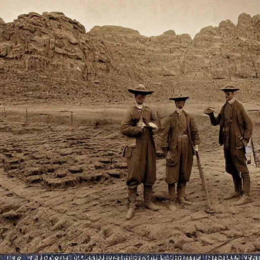 Prompt: ultra detailed photorealistic sepia - toned photo from 1 9 1 7, three british soldiers standing at an archaeological dig site in wadi rum, ultra realistic, painted, intricate details, lovecraft, atmospheric, dark, horror, brooding, highly detailed, by clyde caldwell