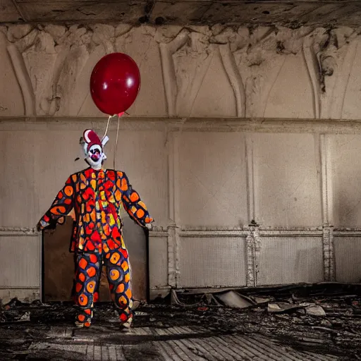 Image similar to abandoned circus, there is one clown in the middle of the stage, photograph, 50mm