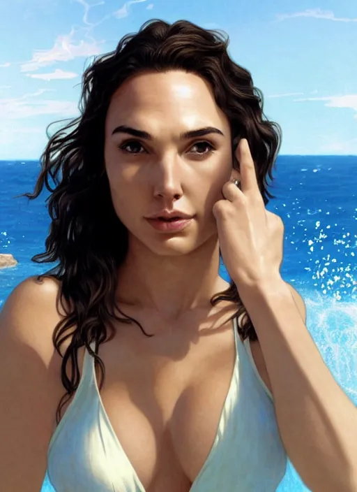 Image similar to portrait gal gadot as sea lifeguard on the beach, full length shot, shining, 8k highly detailed, sharp focus, illustration, art by artgerm, mucha, bouguereau