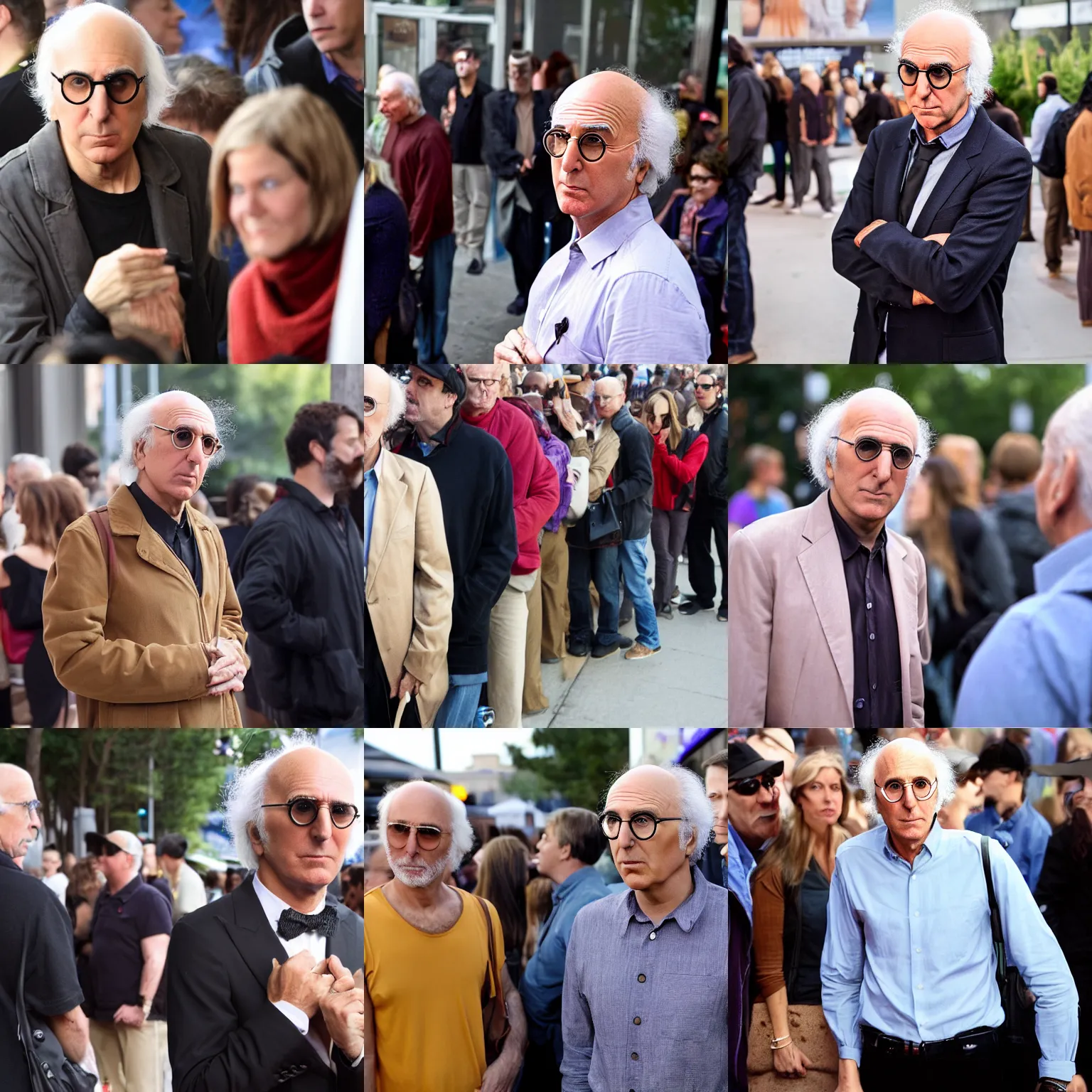 Prompt: bewildered looking larry david waiting in line