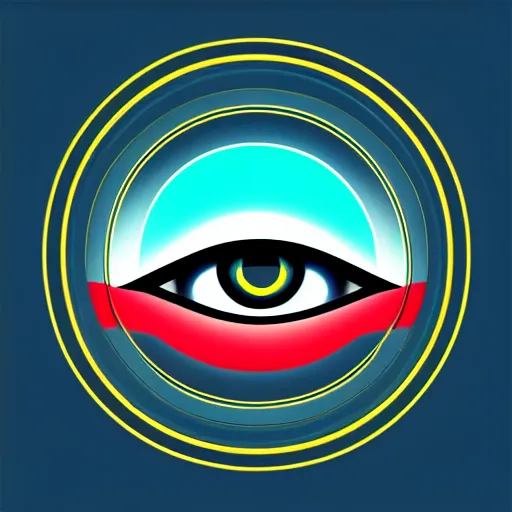 Image similar to logo of eye as background, city as foreground, symmetrical, washed out color, centered, art deco, 1 9 5 0's futuristic, glowing highlights, peaceful