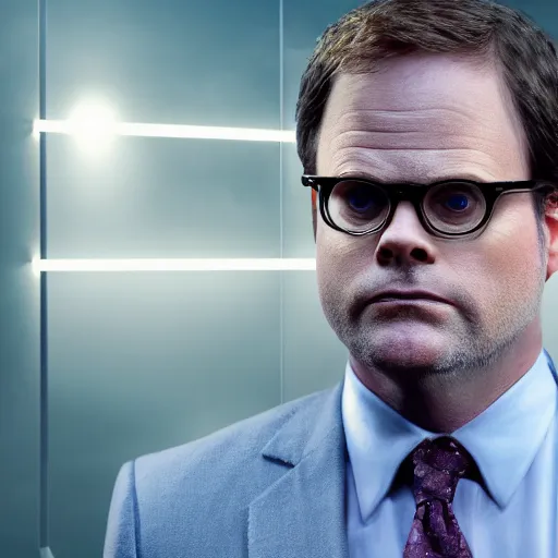 Image similar to rainn wilson as michael scott, splash art, movie still, cinematic lighting, ray tracing, detailed face, octane render, long lens, shallow depth of field, bokeh, anamorphic lens flare, 8 k, hyper detailed, 3 5 mm film grain