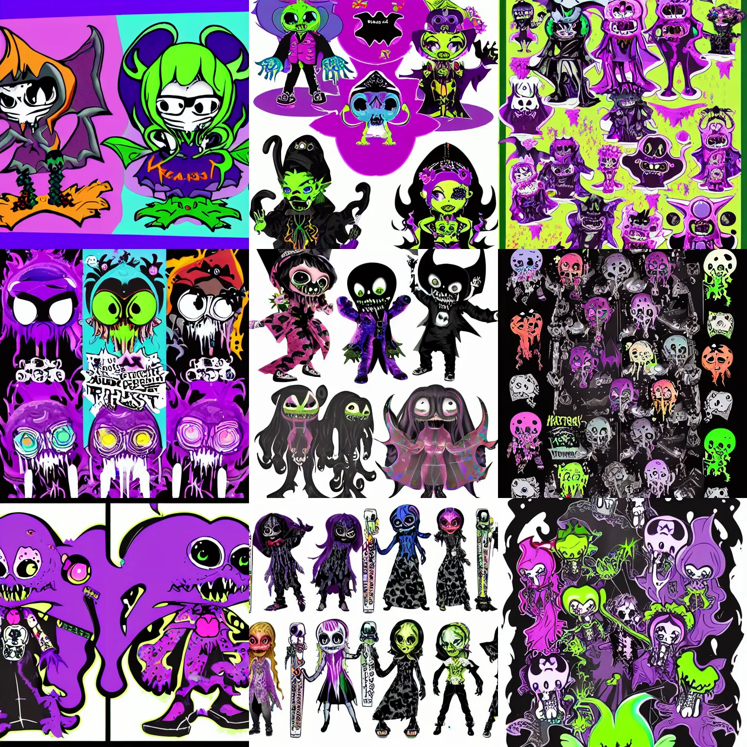 Prompt: a gothic lisa frank rockstar vampire bat kraken ghost character design sheets for halloween splat fests in splatoon by nintendo with Jamie Hewlett and genndy tartakovsky as the lead designers