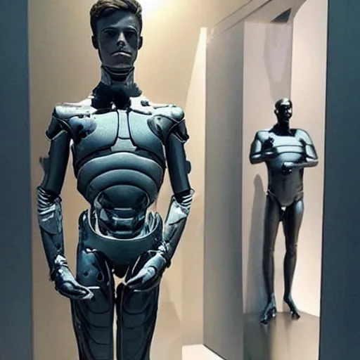 Image similar to “a realistic detailed photo of a guy who is an attractive humanoid who is half robot and half humanoid, who is a male android, actor Grant Gustin, shiny skin, posing like a statue, blank stare, at the museum, on display”