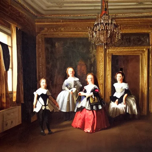 Prompt: oil canva family portrait in the main room of the castle painted in 1 6 5 6, dark room, one point of light coming through the window inspired by las meninas, spaces between subjects, detailed and realistic faces for each person in the canva, inspired by diego velasquez better quiality