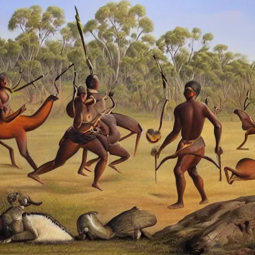 Prompt: a oil painting of aboriginal australians hunting kangaroos