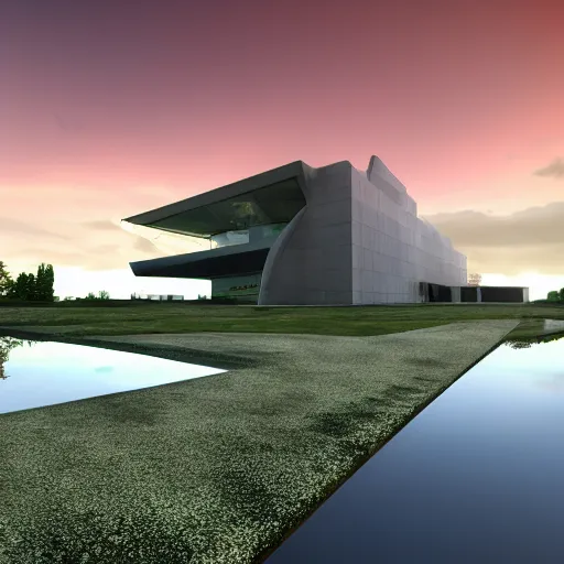 Image similar to a photorealistic 3 d render of modern architecture, organic style, two point perspective, global illumination hdri, deatiled sky, overcast, sunset, soft shadows, rain puddles with realistic reflections