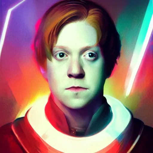 Image similar to portrait of Rupert Grint as Ron Wisly with visor in cyberpunk, neon lighting, night city, digital art from artstation by Ruan Jia and Mandy Jurgens and Artgerm and william-adolphe bouguereau and Greg Rutkowski