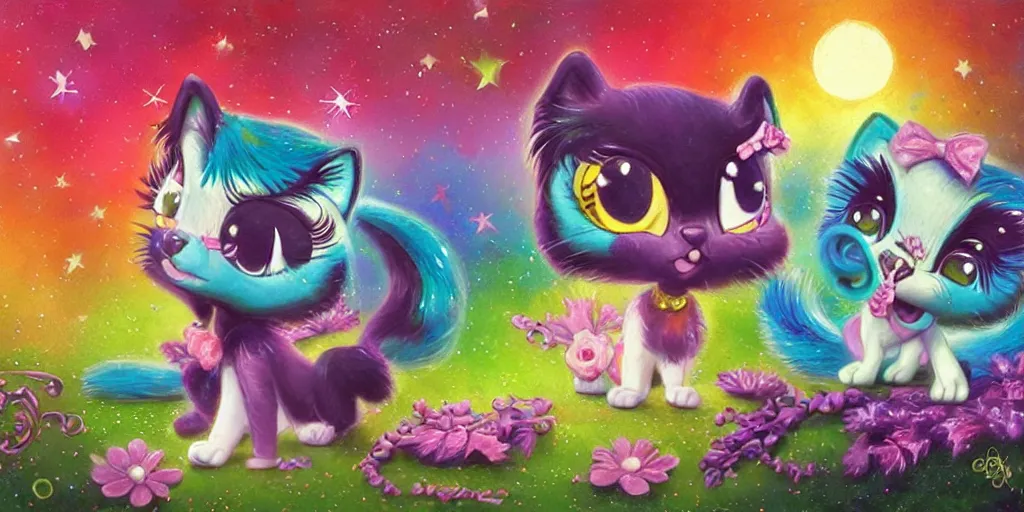 Image similar to 3 d littlest pet shop cat, lacey accessories, glittery wedding, ice cream, gothic, raven, rainbow, smiling, forest, moon, stars, master painter and art style of noel coypel, art of emile eisman - semenowsky, art of edouard bisson