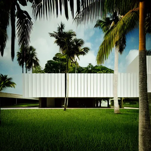 Prompt: hyperrealistic white house by tadao ando in the tropical wood flying in the sky, palms, overgrown place, trees are in building and go through house, mystic, melancholy, pinhole analogue photo quality, lomography, scratches on photo, noise effect, blur effect