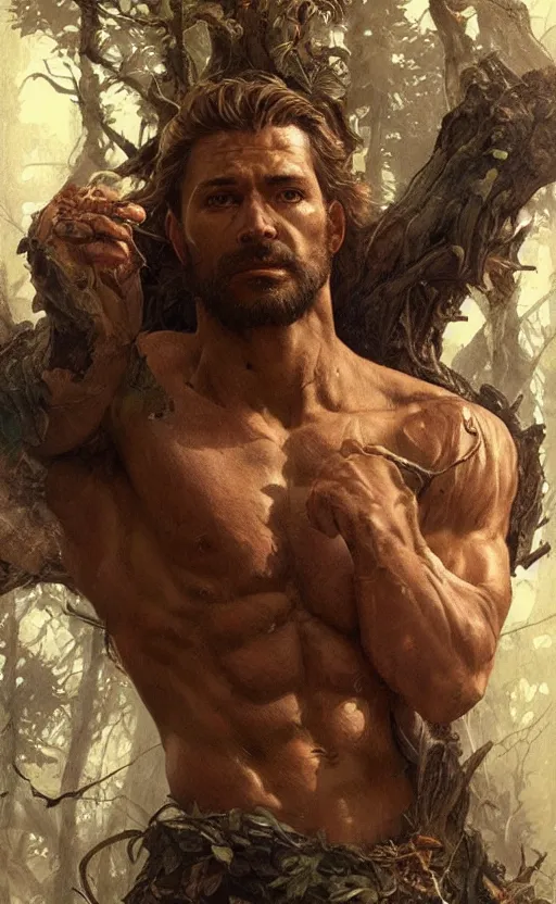 Image similar to god of the forest, 3 0 years old, rugged, male, gorgeous, detailed face, amazing, thighs!!!!!!, muscular, intricate, highly detailed, digital painting, artstation, concept art, sharp focus, illustration, art by greg rutkowski and alphonse mucha