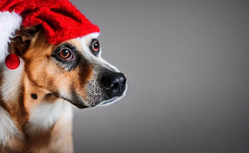 Image similar to studio photography of a dog wearing a woolen christmas sweater, detailed face, cinematic lighting, 8 k