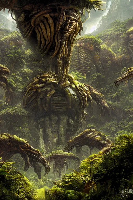 Image similar to alien hive in the exotic jungle, landscape, alex ross, giga, david finch, concept art, matte painting, highly detailed, rule of thirds, dynamic lighting, cinematic, detailed, denoised, centerd