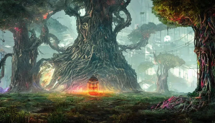 Image similar to ben lo illustration of the largest tree in the world under force field, bioshock concept art, solarpunk, hopeful, colorful, unreal engine, hyper realism, realistic shading, cinematic composition, realistic render, octane render, detailed textures, photorealistic, wide shot