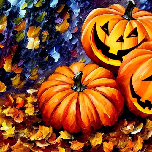 Image similar to halloween pumpkins sitting in a pile of autumn leaves detailed painting in the style of leonid afremov 4 k