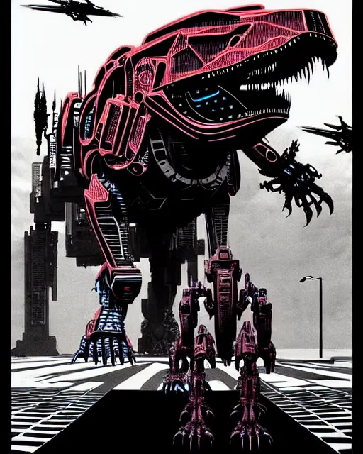 Image similar to a cyberpunk mech cyborg t - rex dinosaur, transformer, high details, symmetry, bold line art, by vincent di fate and joe fenton, inking, etching, screen print, masterpiece, trending on artstation, sharp, high contrast, hyper - detailed,, hd, 4 k, 8 k