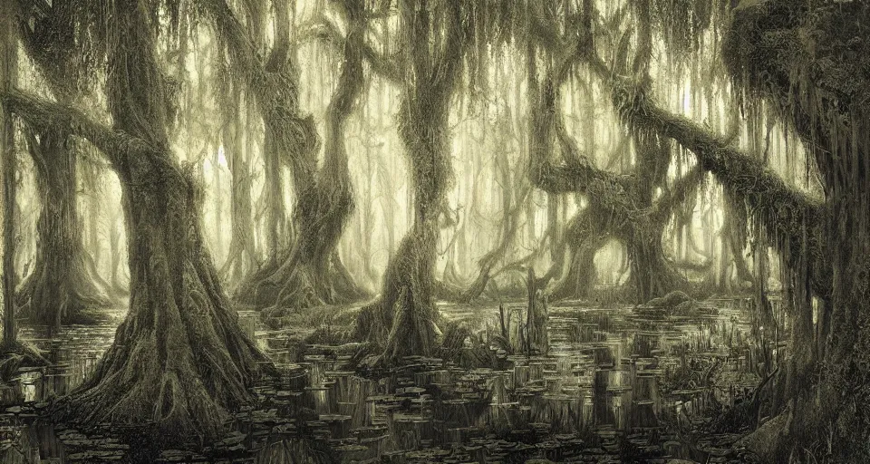 Image similar to A dense and dark enchanted forest with a swamp, by James Gurney