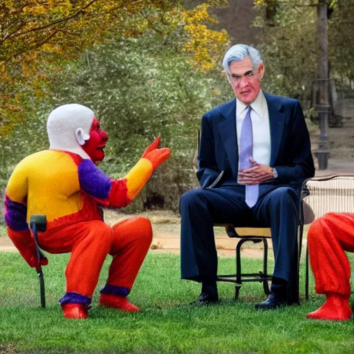 Image similar to Jerome Powell talking with clowns, full body, photo realistic, highly-detailed