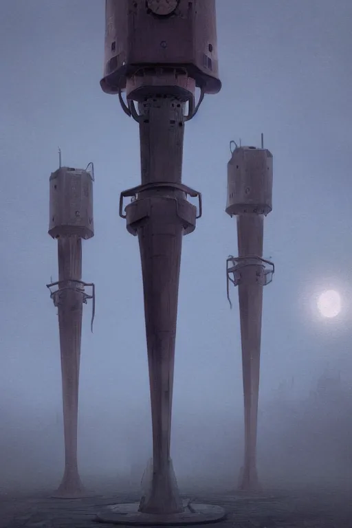 Image similar to a highly detailed matte painting of a soviet steampunk pylons in fog at night by studio ghibli, makoto shinkai, by artgerm, by wlop, by greg rutkowski, volumetric lighting, octane render, 4 k resolution, trending on artstation, masterpiece