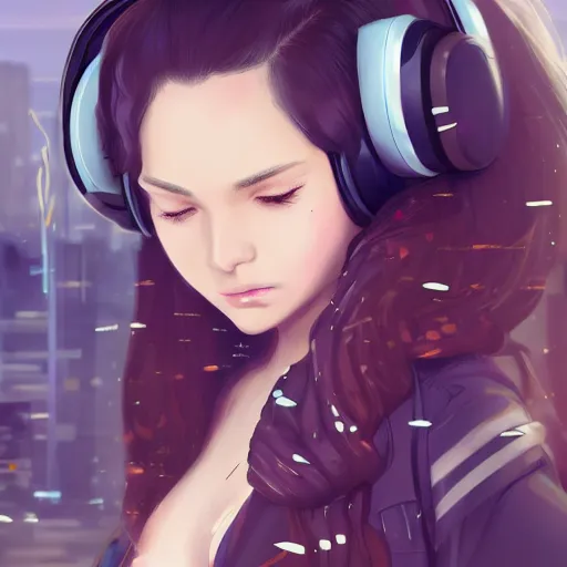 Image similar to beautiful full portrait of a girl, brunette curvy long hair, full - body shot, wearing cyberpunk headphones, streetwear, like a fashion model + high detailed, resolution beautifully detailed landscape 8 k, cinematic, 8 k, by bukurote + krenz cushart + ryota - h + wlop