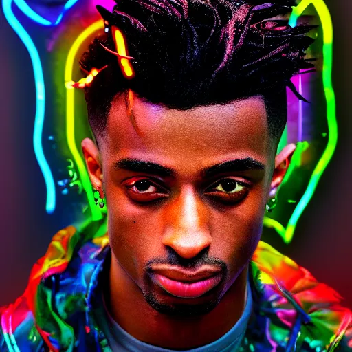 Prompt: playboi carti, photorealistic, detailed face, full body shot, 8 k, hd, neon colors, over saturated colors, wok, cluttered background with hype things, mumble,