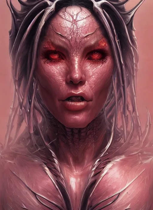 Image similar to a hyper detailed full face portrait of human transforming into the queen of blades, diablo 4 lilith, by yusuke murata, by hiroya oku, by dorian cleavenger, by tom bagshaw, by artgerm, by zdzisław beksinski, trending on artstation