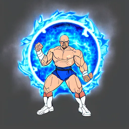 Image similar to buff Walter White Hadoken a ball of blue fire to the right side of the screen, accurate anatomy, accurate hands, highly detailed, digital art, smooth,