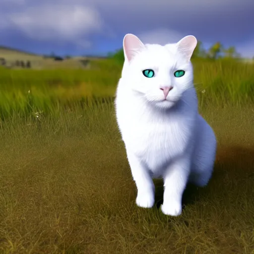 Prompt: a white cat with green eyes standing in a field, unreal engine, detailed
