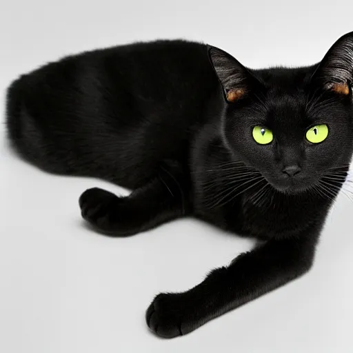 Prompt: national geographic photograph of a green-eyed black cat sitting in a white room