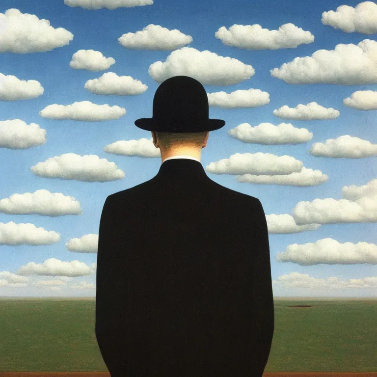 Image similar to portrait of a faceless shadow - head man in a suit, clouds in the background, by rene magritte, detailed painting, distance, centered, hd, hq, high resolution, high detail, 4 k, 8 k