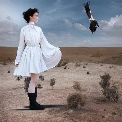 Image similar to a girl with white dress inside the desert some crows around her by egon schiele and michael angelo, baroque, neo Gothic,matte painting, baroque detailes,photo real,concept art,highly detailed,sharp lines, hdri, 4k