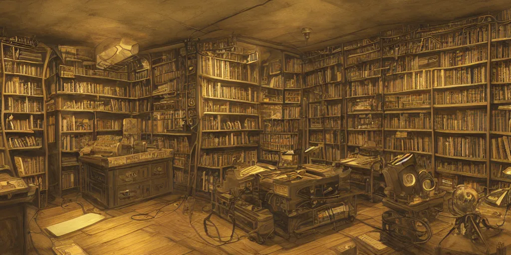 Image similar to steampunk oceanographer study, maps crowding the walls, bookshelves, paintings of ocean topography, sonar equipment, marine biologist lab, bookshelves, incandescent lighting, unreal engine, bibliopunk