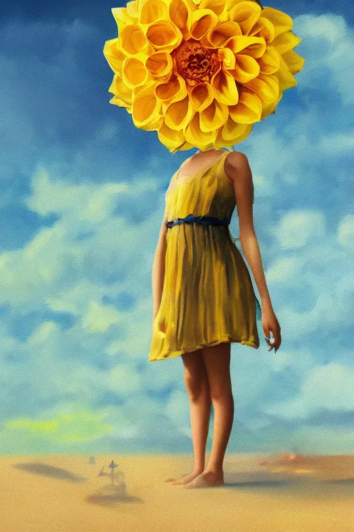 Image similar to closeup girl with huge yellow dahlia flower face, on the beach, surreal photography, blue sky, sunrise, dramatic light, impressionist painting, digital painting, artstation, simon stalenhag