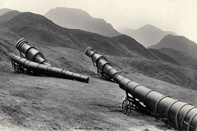 Prompt: artillery pieces entrenched with a beautiful background of hills and mountains, black and white photography, 1 9 0 5