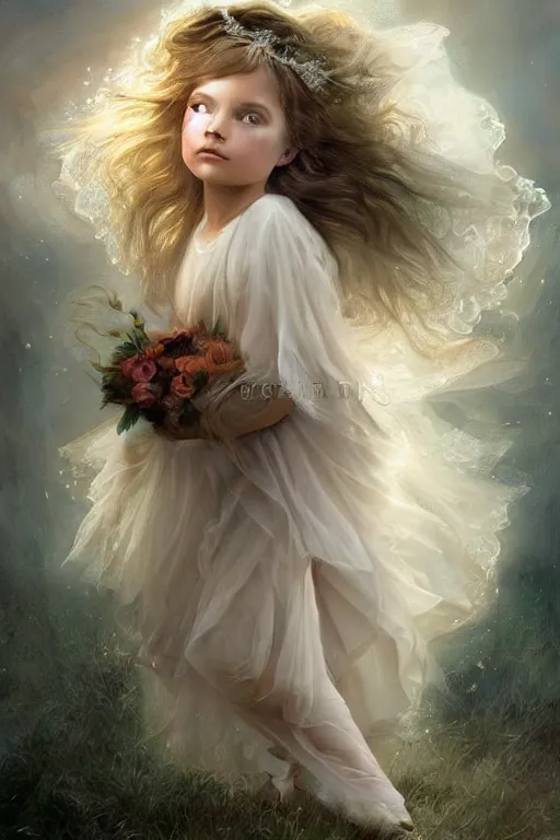 Prompt: very beautiful little girl dancing in the wind, ultradetailed, beautiful face, ethereal, bride, beautiful wedding dress, gorgeous, volumetric lighting, elegant, digital painting, concept art, illustration, limited color palette, atmosphere and tension, art by greg olsen and liz lemon swindle