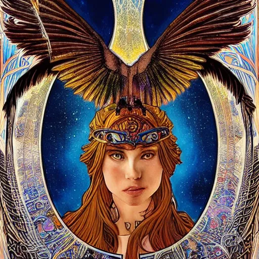 Image similar to portrait of Phoenix the mighty immortal bird made with burning feathers by Jeff Easley and Peter Elson + beautiful eyes, beautiful face + symmetry face + border and embellishments inspiried by alphonse mucha, fractals in the background, galaxy + baroque, gothic, surreal + highly detailed, intricate complexity, epic composition, magical atmosphere + masterpiece, award winning + trending on artstation
