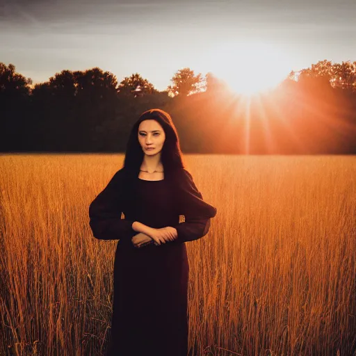 Prompt: woman played by mona lisa, standing on a meadow, cinematic composition, street photography, 2 5 mm, sunrise