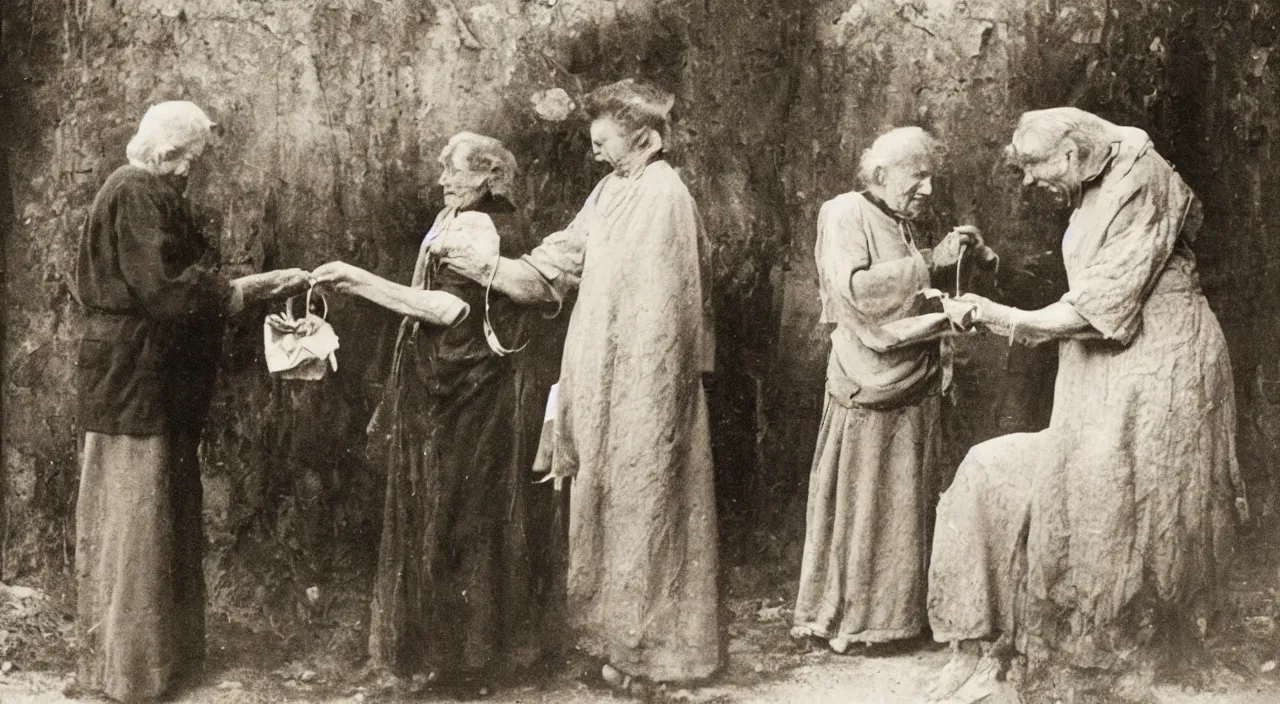 Image similar to one old woman giving a jewel to one young man