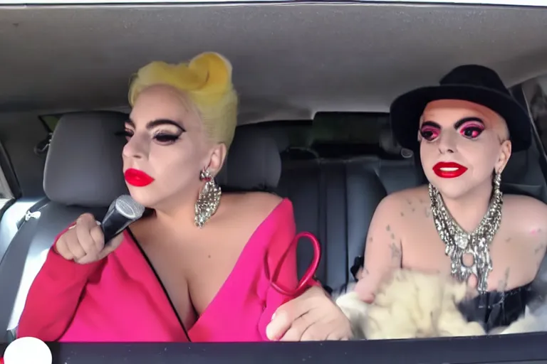 Image similar to lady gaga and judy garland carpool karaoke, highly realistic, highly detailed, high resolution, 8 k 4 k,