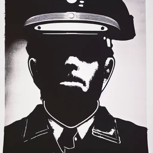 Image similar to screenprint solarized portrait of a cop in riot gear by andy warhol