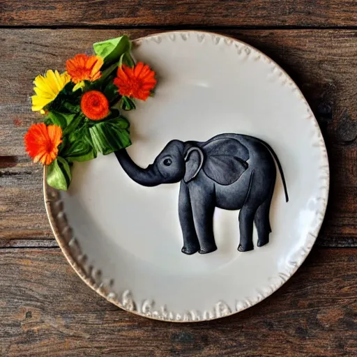 Prompt: a flat elefant on a plate with flowers on top