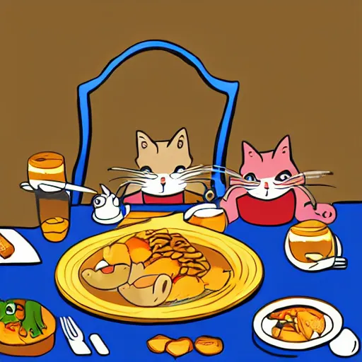 Prompt: cartoon cats having a nice dinner