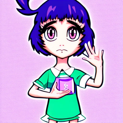 Image similar to the sprite logo personified as a cute sprite themed cartoon girl in the style of lavender town, margaret keane, large dark eyes, extremely detailed and colorful eyes.