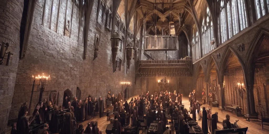 Prompt: film still. screenshot. hogwarts castle. the great hall. busy. early morning. directed by denis villeneuve. extremely detailed. 4 k.