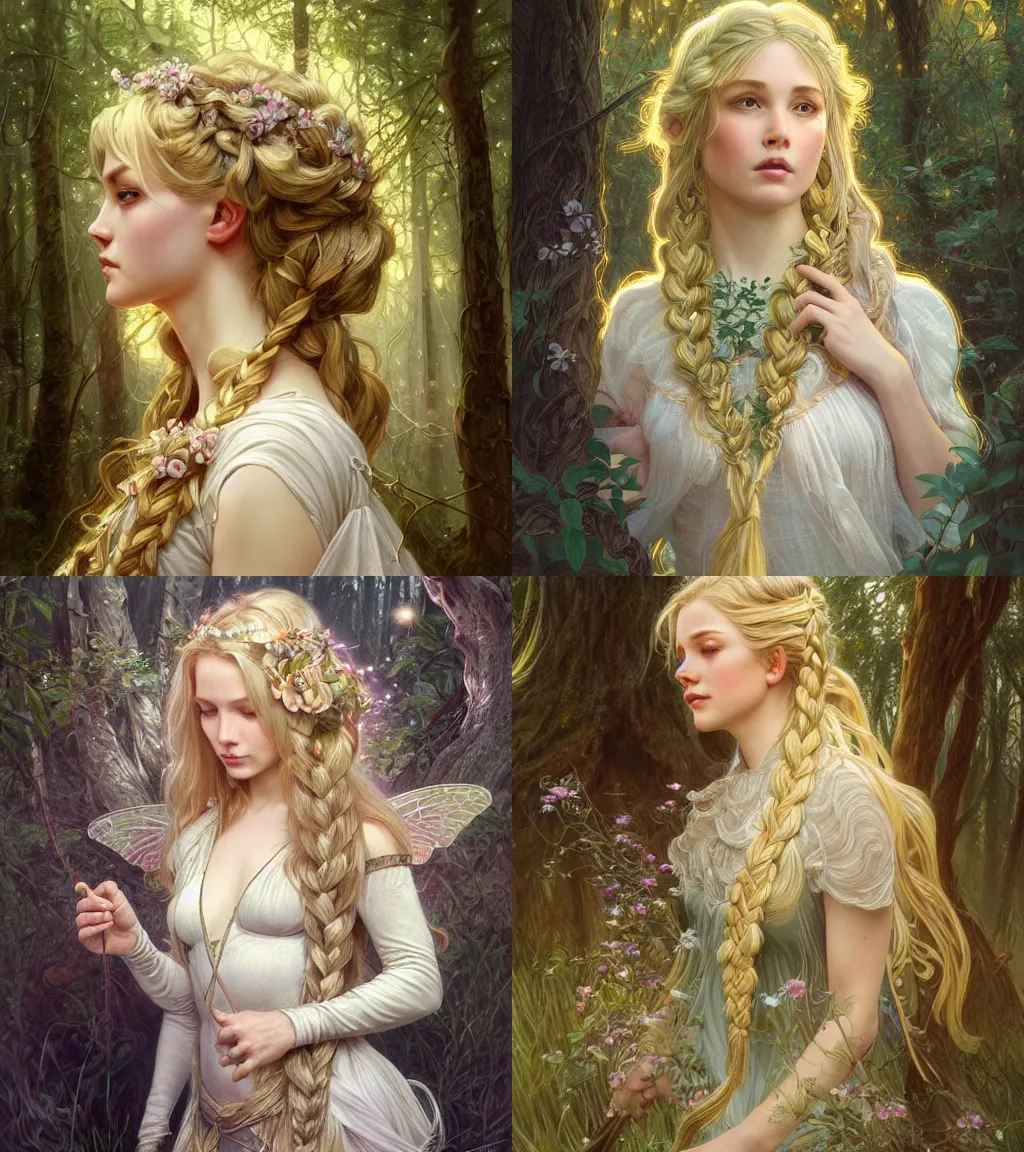 Prompt: beautiful cottagecore blonde plump Faerie, intricate, braided hair, magical forest, stunning, highly detailed, digital painting, artstation, concept art, smooth, sharp, focus, illustration, art by artgerm and greg rutkowski and alphonse mucha