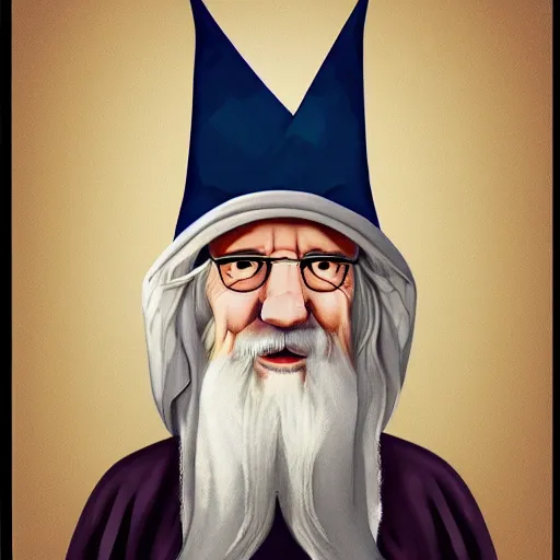Prompt: Elderly Male Sorcerer, Gray Bearded Wizard Character Wearing Mantle and Pointed Hat, Canvas Print