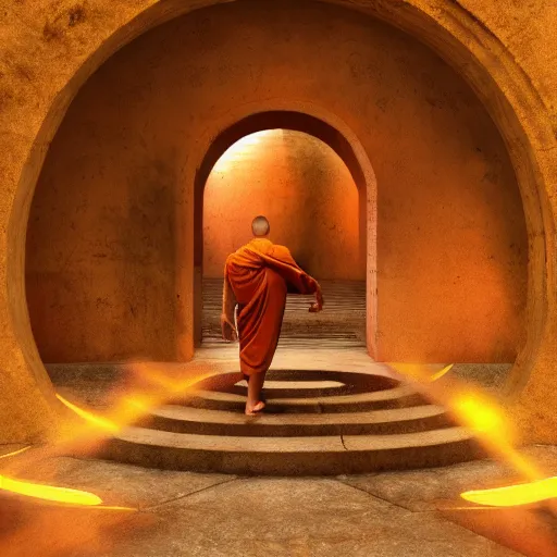 Prompt: photorealistic illustration of a monk discovering a portal to the deep, octane render, 8 k, cinematic lighting, exquisite details, dark atmosphere, psychedelic, 1 9 6 0 s