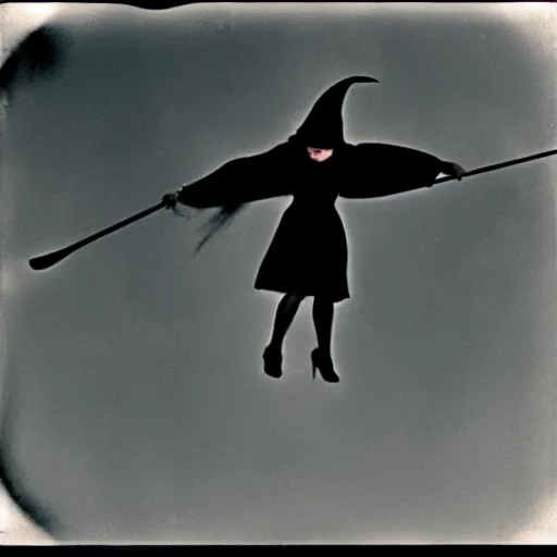 Prompt: pinhole camera photo of a witch flying on a broomstick